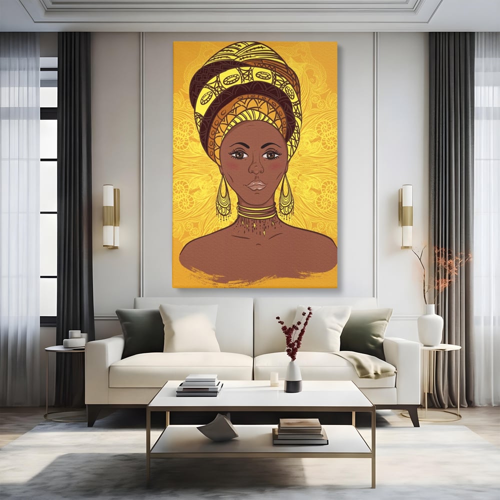 Tablou canvas cu ilustratie digitala cu femeie africana, fara rama, pe sasiu de lemn, pe perete intr-un living